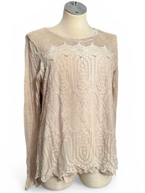 Charming Charlie Women's Cream Lace-Texture Long Sleeve Top Small